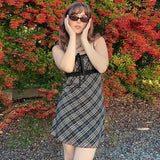 Purpdrank  French style Summer New style Women's Short skirt Sweet Fresh Plaid Suspenders Sexy Lace Mesh Patchwork A-line Dresses