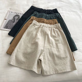 Purpdrank - Breathable Cotton Linen Shorts Japanese Retro High Waist Wide Leg Bermuda Shorts Suit Casual Summer Woman Loose
