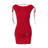 Purpdrank  Red Metal Buckle Ruched Bodycon Mini Dresses For Women Sexy Short Sleeve Drawstring Backless Party Clubwear Dress