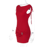 Purpdrank  Red Metal Buckle Ruched Bodycon Mini Dresses For Women Sexy Short Sleeve Drawstring Backless Party Clubwear Dress