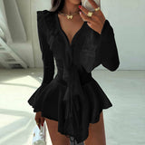 Purpdrank  Lace Trim Ruffled Long Sleeve Dresses Women' S Clothes Autumn 2025 V Neck Flare Sleeve Irregular Mini Dress
