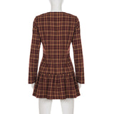 Purpdrank  Sweet Style Red Plaid Shirt Dress A-line Button Up Long Sleeve Pleated Mini Dresses Women' S Clothes Fall
