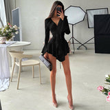 Purpdrank  Lace Trim Ruffled Long Sleeve Dresses Women' S Clothes Autumn 2025 V Neck Flare Sleeve Irregular Mini Dress