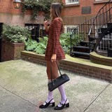 Purpdrank  Sweet Style Red Plaid Shirt Dress A-line Button Up Long Sleeve Pleated Mini Dresses Women' S Clothes Fall