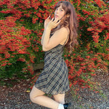 Purpdrank  French style Summer New style Women's Short skirt Sweet Fresh Plaid Suspenders Sexy Lace Mesh Patchwork A-line Dresses