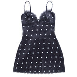 Purpdrank  Women's Sexy Polka Dot Satin Slip Mini Dress Spaghetti Strap Lace Trim Bodycon Cami Dress