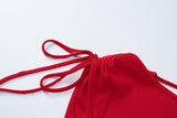 Purpdrank  Red Metal Buckle Ruched Bodycon Mini Dresses For Women Sexy Short Sleeve Drawstring Backless Party Clubwear Dress
