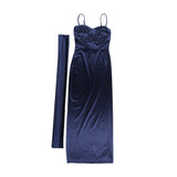 Purpdrank  Elegant Satin Scarf Spaghetti Strap Maxi Dresses For Women Sexy Slit Party Evening Dress Navy Blue Gowns
