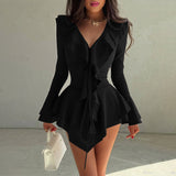 Purpdrank  Lace Trim Ruffled Long Sleeve Dresses Women' S Clothes Autumn 2025 V Neck Flare Sleeve Irregular Mini Dress