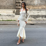 Purpdrank  Off The Shoulder White Knitted Pleated Long Sleeve Fishtail Maxi Dress Elegant Party Dresses Woman Fall Clothes