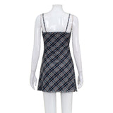 Purpdrank  French style Summer New style Women's Short skirt Sweet Fresh Plaid Suspenders Sexy Lace Mesh Patchwork A-line Dresses