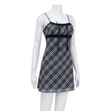 Purpdrank  French style Summer New style Women's Short skirt Sweet Fresh Plaid Suspenders Sexy Lace Mesh Patchwork A-line Dresses
