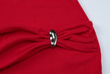 Purpdrank  Red Metal Buckle Ruched Bodycon Mini Dresses For Women Sexy Short Sleeve Drawstring Backless Party Clubwear Dress
