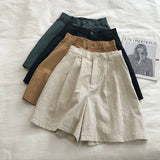 Purpdrank - Breathable Cotton Linen Shorts Japanese Retro High Waist Wide Leg Bermuda Shorts Suit Casual Summer Woman Loose