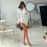 Purpdrank  Lace Trim Ruffled Long Sleeve Dresses Women' S Clothes Autumn 2025 V Neck Flare Sleeve Irregular Mini Dress