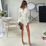Purpdrank  Lace Trim Ruffled Long Sleeve Dresses Women' S Clothes Autumn 2025 V Neck Flare Sleeve Irregular Mini Dress