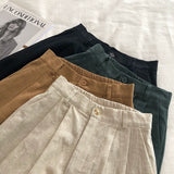 Purpdrank - Breathable Cotton Linen Shorts Japanese Retro High Waist Wide Leg Bermuda Shorts Suit Casual Summer Woman Loose