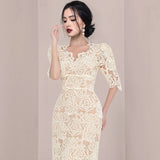 Purpdrank - New Spring Vintage Dress Woman Lace A Line High Waist Dresses Woman Vestido Long Puff Sleeve Elegant Party Dress
