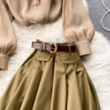 Purpdrank - Autumn Winter Women Two Piece Sets Stand Collar Puff Sleeve Ruffled Tops and Empire Slim Skirt with Belt Office Lady Suits