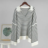Purpdrank  Knit Striped Women Sweater Full Sleeve Deep V Neck Female Top 2025 Fashion Casual Autumn Loose Turn-down Collar Lady Pullovers