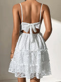 Purpdrank  White Lace Mini Dress Women Summer Sexy V Neck Sleeveless Backless Dress Ladies Elegant Fashion Floral Embroidered Lace Up Dress