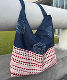 Purpdrank  Splicing Denim Versatile Large Capacity Tote Bag Plate Flower Three-dimensional Embroidery Large Bags