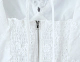 Purpdrank  Sweet White Embroidery Hollow Out Flower Cotton Lace V neck Short Puff Sleeve Shirt Women Zipper Elastic Back Slim Crop Tops