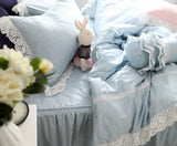 Purpdrank  100% Cotton Bedding Set Luxury Blue Plaid Printing Princess Lace Duvet Cover Bed Skirt Bedspread Pillowcases Home Textile