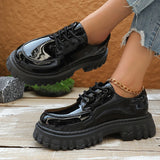 Purpdrank  Black Patent Leather Platform Loafers Women 2025 Autumn Thick Bottom Pu Leather Shoes Woman Plus Size Lace Up Student Shoes 42