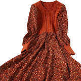 Purpdrank  Autumn Winter New Korean Version of Age-reducing Splicing Strap Slimming Knitted Long Dress Fashion Corduroy Floral Dress