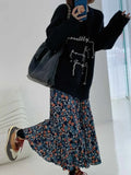Purpdrank Vintage Blue Flower Print Skirt for Women Summer New High Waist A-line Skirts Lazy All-match Mid-length Loose Faldas Mujer