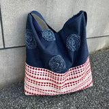 Purpdrank  Splicing Denim Versatile Large Capacity Tote Bag Plate Flower Three-dimensional Embroidery Large Bags