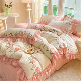 Purpdrank  Fashion Flower Bedding Set Bed Sheet Cute Princess AB Double Sided Ruffle Flower Quilt Cover Pillowcase Bedclothes Home Textiles