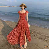 Purpdrank  Tea Break French Hepburn Gentle Youthful Red Floral Dress VintagevintageFairy Dress with a Sense of Sophistication for Women