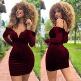 Purpdrank  Sexy Velvet Patchwork Birthday Dress Women Party Night Spaghetti Strap Long Sleeve Bodycon Mini Dress Mesh Strapless Club Dress