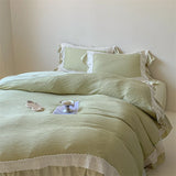Purpdrank  French Double Layer Lace Ruffles Seersucker Bedding Set Duvet Cover Set Bedsheet Pillowcases INS Style Girls Room Bed Linen Set