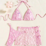 Purpdrank  New Model Sequined Lace Up Skirt Three-piece Bikini Swimsuit For Women Summer Pink Strap Sexy Backless Beach Vacation Swimsuit