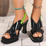 Purpdrank  Fashion Women's Patchwork Pu Leather Sandals Summer Stiletto Heel Peep Toe Sandal Woman Buckle Strap Square Toe Sandals Female