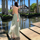 Purpdrank  French Style Niche Stunning Green V-neck Strap Dress for Women Summer Beach Vacation Pure Desire Sexy Backless Long Dress