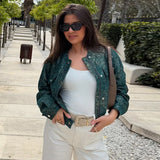 Purpdrank  Vintage Casual Glitter Green Round Collar Jacket Women Long Sleeve Zipper Pocket Loose Coat 2025 Autumn Fashion High Street Coat