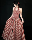 Purpdrank  Vintage Plaid Long Dress Women Vacation Beach Sexy Halter Floral Maxi Dresses Summer Korean Backless Bodycon Vestidos New
