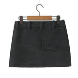 Purpdrank  New Autumn Gray Black Houndstooth Plaid Woollen Mini Skirt Women Ruched High Waist Ball Gown Short Skater Party Femme Skirts