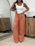 Purpdrank  Fashion  Sequin Wide Leg Pants Women Casual Loose Lace Up Low Waist Straight Trousers 2025 Summer Lady Vintage High Street Pants