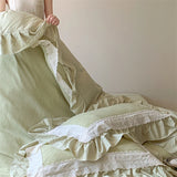 Purpdrank  French Double Layer Lace Ruffles Seersucker Bedding Set Duvet Cover Set Bedsheet Pillowcases INS Style Girls Room Bed Linen Set