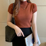 Purpdrank Summer Half Turtleneck Slim Knitted T-shirt Women Elegant Solid Short Sleeve Casual Versatile Pullover Tops Casual Skinny Tops