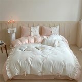 Purpdrank  Rose Flowers Embroidery 100% Cotton Korean Princess Style Plaid Bedding Set Duvet Cover Flat/Fitted Bed Sheet Pillowcases 4Pcs