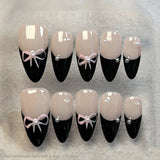 Purpdrank  10pcs Black French False Nails Bowknots Designed Handmade Press On Nail Glossy Short Almond Wearable Fake Nail Patches Salon Art