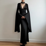 Purpdrank  Gothic Lace Trim Bodycon Dress Elegant Fashion Dark Slim-Fitting Solid Deep V-Neck Long Flare Sleeve Maxi Dresses Women