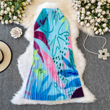 Purpdrank  Korean Spring/Summer High Waist Print Pleated Slim Long Skirts