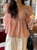 Purpdrank  Chic Autumn New Sle Women's irt Sweet Personali Square Collar Pleated Design Slimming Long Sve with Lace Hem